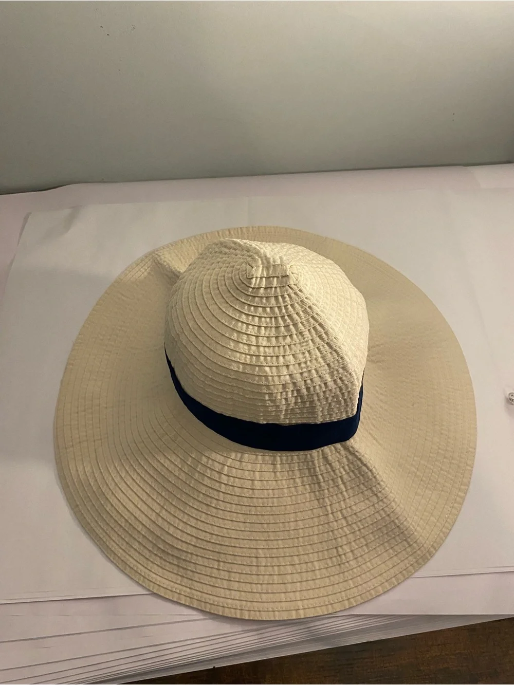 Ralph Lauren Wide Brim Sun Hat with Navy Ribbon